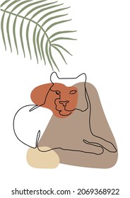 Lying tiger with palm. Abstract line art. Tiger modern art. Vector savannah  wild cat. T shirt print, minimalists poster