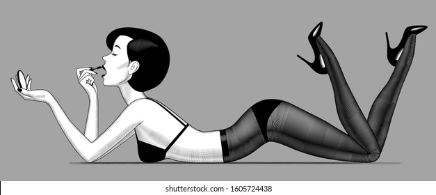 Lying undressed woman half-face paints lips in black underwear and dark pantyhose and high-heeled glossy shoes. Fashion concept. Vintage engraving stylized drawing. Vector illustration 