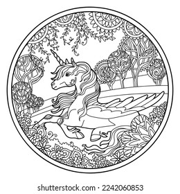 Unicornio yacente con alas en forma redonda de marco floral. Dibujar un caballo mágico para colorear libros, diseño de camisas, rompecabezas, impresión, decoración. Ilustración vectorial estilizada del unicornio sobre una naturaleza en estilo margloso