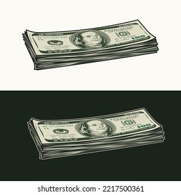 Lying wad of 100 dollar bills. Banknotes with front obverse side. Cash money. Vintage style. Detailed isolated vector illustration. Perspective side view
