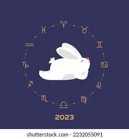 Lying white rabbit in circle of astrological signs. Chinese new year 2023 -  year of the rabbit