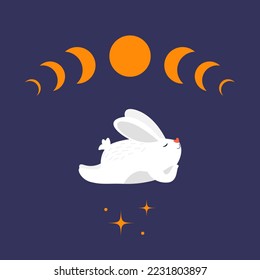 Lying white rabbit. Moon phases, stars, magic. Year of the Rabbit. Vector illustration