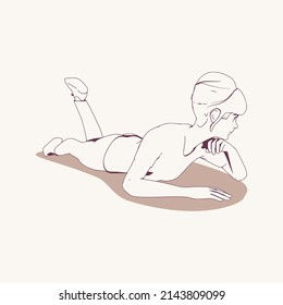 Lying woman. Sport girl illustration. Casual sportwear - t-shirt, breeches and sneakers. Young woman wearing workout clothes. Sport fashion girl outline in urban casual style.