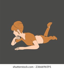 Lying woman. Sport girl illustration. Casual sportwear - t-shirt, breeches and sneakers. Young woman wearing workout clothes. Sport fashion girl outline in urban casual style.