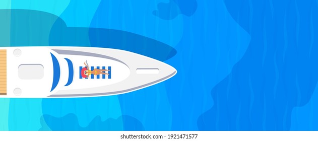 lying woman sunbathing on yacht top aerial view summer vacation in ocean vector illustration