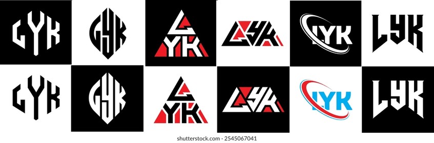 Projeto do logotipo da letra LYK em seis estilo. Polígono LYK, círculo, triângulo, hexágono, estilo simples e plano com logotipo de letra de variação de cor preto e branco definido em uma prancheta. Logotipo minimalista e clássico LYK