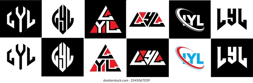 LYL letter logo design in six style. LYL polygon, circle, triangle, hexagon, flat and simple style with black and white color variation letter logo set in one artboard. LYL minimalist and classic logo