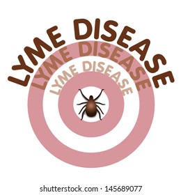 Lyme Disease, Bulls Eye Rash, Text In Concentric Circles Surrounding Tick Insect, Graphic Illustration Isolated On White. EPS8 Compatible.