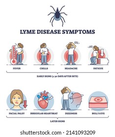 Lyme disease symptoms with early and later illness signs outline diagram. Labeled educational scheme with tick bite problems vector illustration. Medical parasite sickness with bulls eye and fatigue.