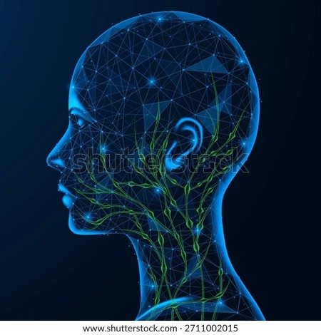 Lymph nodes of the head and neck. Lymphatic vessels radiate from the shoulders to the ear area and under the jaw area, forming a characteristic network of branches.