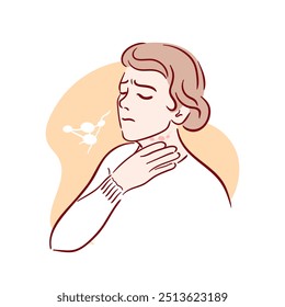 Lymphadenitis. Swollen lymph nodes. A woman holds her hand on her sore throat. Irritation, soreness. Symptoms of influenza, leukemia, toxoplasmosis. Medical brochure template. Vector illustration