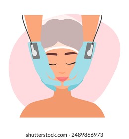 Lymphatic drainage massage of face with micro sensory electrode and microcurrent vector illustration