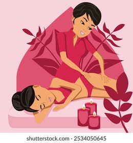 Lymphatic massage. Therapy and treatment by professional therapist in SPA. Isolated flat vector illustration. Eastern ethnicity.