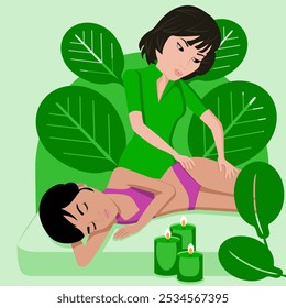 Lymphatic massage. Therapy and treatment by professional therapist in SPA. Isolated flat vector illustration. Asian and Indian ethnicity.