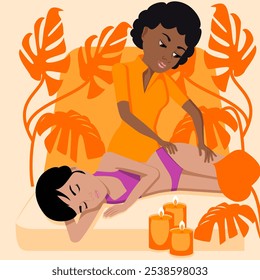 Lymphatic massage. Therapy and treatment by professional therapist in SPA. Isolated flat vector illustration. African and Indian ethnicity.