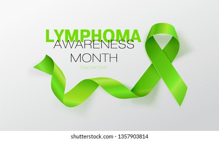 Lymphoma Awareness Calligraphy Poster Design. Realistic Lime Green Ribbon. September is Cancer Awareness Month. Vector