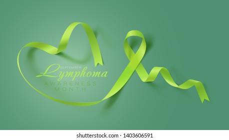 Lymphoma Awareness Calligraphy Poster Design. Realistic Lime Green Ribbon. September is Cancer Awareness Month. Vector Illustration