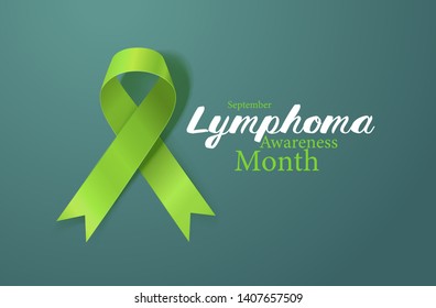 Lymphoma Awareness Calligraphy Poster Design. Realistic Lime Green Ribbon. September is Cancer Awareness Month. Vector Illustration