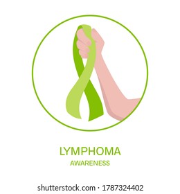 Lymphoma awareness poster. Lime green ribbon in a hand on white background. Lymphatic system disease prevention. Medical concept. Vector illustration.