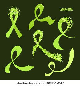 Lymphoma awareness ribbon collection set. Green bows made of dots for support and solidarity concept. Medical concept. Vector illustration.