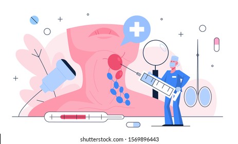 Lymphoma examination. Doctor standing at woman neck. Idea of health and medical treatment. Cancer diagnosis. Isolated flat vector illustration