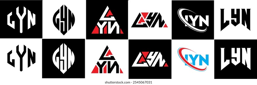 LYN letter logo design in six style. LYN polygon, circle, triangle, hexagon, flat and simple style with black and white color variation letter logo set in one artboard. LYN minimalist and classic logo