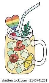 Lynchburg Lemonade cocktail with rainbow LGBT equality flag colors lollipop heart. For gay bar diversity pride party invitations, cards or stickers. Doodle cartoon style illustration