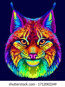 Lynx. Abstract, neon, multicolored portrait of a lynx head on a dark blue background in the style of pop art. 