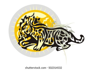 Lynx against an ornate sun. Tribal lynx with splashes and decorative sun for your design