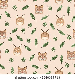 Lynx animal seamless pattern. Flat vector clipart, illustration with isolated background.