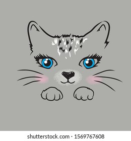 lynx Cat kitten face with beautiful eyes on grey background vector illustration print for t shirt