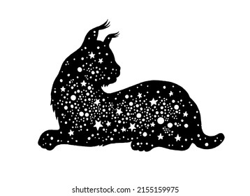 Lynx cat silhouette. Bobcat black vector logo or icon. Magic animal illustration. Mystical moon witch lynx symbol. Mystic european bobcat isolated on white. Freya esoteric art. Celestial boho planet 