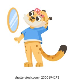 Lynx Character at Mirror Brushing Fur with Comb Follow Hygiene Rule Vector Illustration