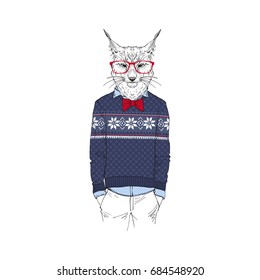 lynx dressed up in winter jacquard sweater , furry art illustration, fashion animals