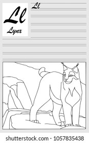 Lynx, english alphabet, coloring outline, write and paint. Set of cards, illustration and text