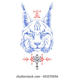 Lynx. ethnic american indian ornamental composition. Wild nature. tribal vector ornamental totem animal. hand drawn illustration