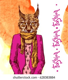 Lynx in fashion look. Vector illustration for greeting card, poster, or print on clothes. Sketch Style drawing. Hipster.
