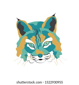 Lynx head, wild northern cat illustration.Bright color abstract spots, pop art painting. Vector snout or muzzle of angry animal hunter, wild canine profile.