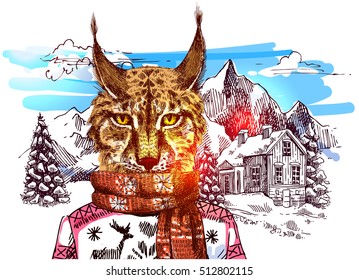 Lynx in knitted sweater in mountains. Vector illustration for greeting card, poster, or print on clothes. Fashion Style drawing. Hipster.