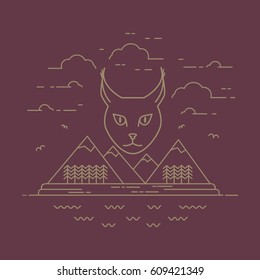 Lynx with landscape line vector illustration. Wildlife symbol. Line art. Wild animal logo.