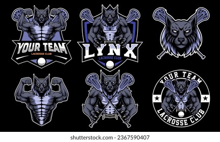 lynx mascot lacrosse club Logo design with a mascot combination of a lynx head and half a body. set of logo combinations