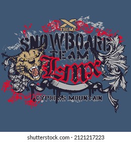 Lynx mascot of a snowboarding team with graphic elements in the background. Snowbard mascot illustration concept.