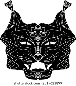 Máscara de lince, hocico de gato. Vector de superficie de textura de elemento de estilo Linocut