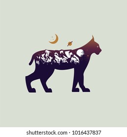 lynx and night mountain landscape double exposure, space view, fantasy  style. Vector illustrations