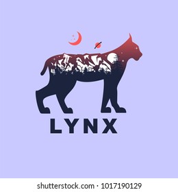 lynx and night mountain landscape, double exposure, space view, fantasy style, lynx inscription. Vector illustrations