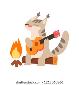 Lynx playing guitar while sitting by the bonfire, cute cartoon animal having hiking adventure travel or camping trip vector Illustration on a white background
