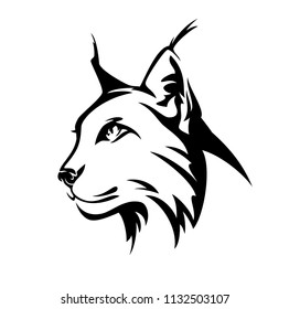 lynx profile head - wild cat side view black and white vector portrait