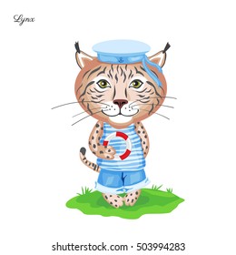 Lynx sailor in cap with lifeline on green grass isolated on white background, Vector cartoon cute illustration, Character design for greeting card, children invite, element pattern, baby shower