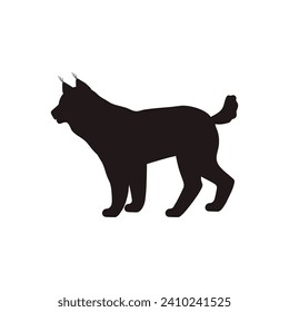 Lynx silhouette, vector illustration isolated on white background. Black spot in the shape of standing northern predator, big wild cat, simple icon for design. Vector animal silhouette