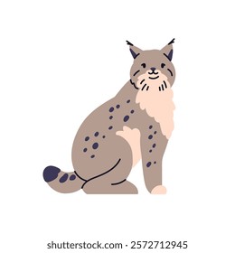 Lynx, wild feline animal. Cute forest cat, beast. Predator, carnivore sitting. Fauna with tufted ears and spotted fur. Carnivorous mammal. Flat vector illustration isolated on white background